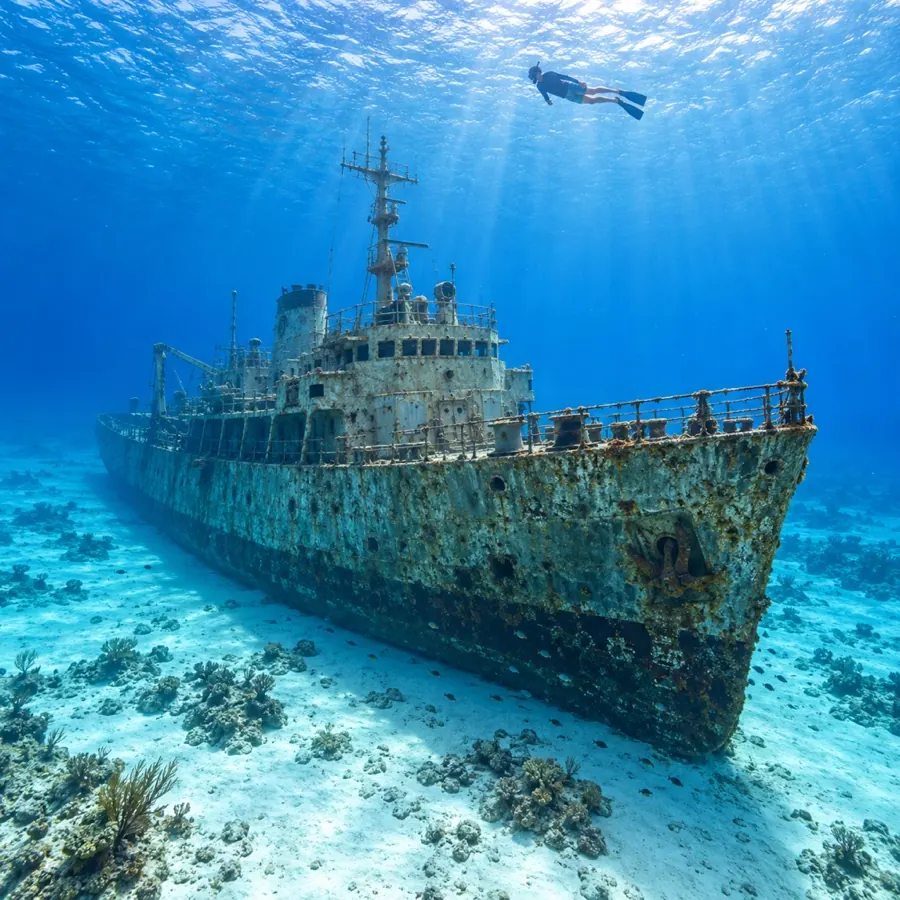 A sunken ship resting on white sand in clear water