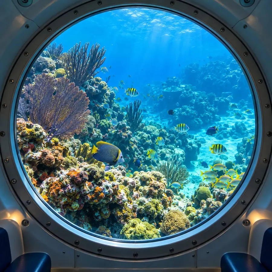 A coral reef seen through a submarine window